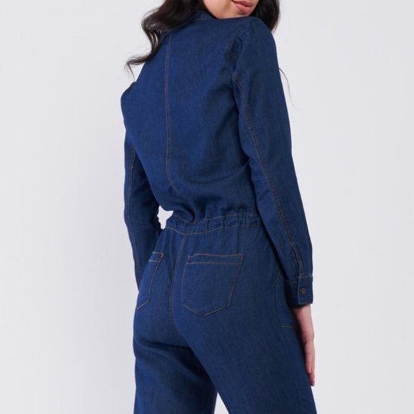 Dark Blue Long Sleeve Button Down Front Self-Tie Waist Denim Jumpsuit - Picture 2 of 5
